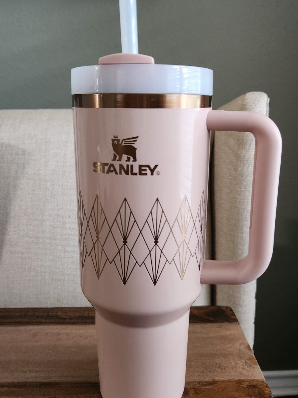 Stanley Pink and Gold Insulated Travel Mug with Handle and Straw